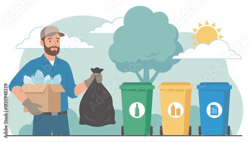 Man sorting waste for recycling into colored bins, promoting environmental responsibility and sustainable living practices.
