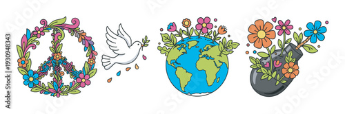 Colorful peace symbols, dove, earth, and bomb transformed into blooming flowers represent global harmony and anti-war concepts.