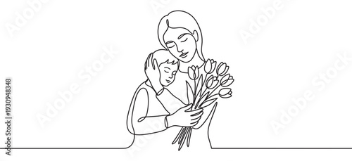 Mother and child embracing with a bouquet of tulips, symbolizing love and tenderness in a minimalist continuous line drawing.