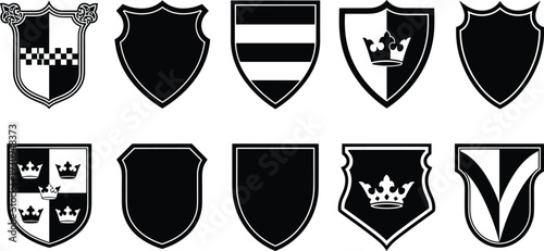 Set of ten medieval heraldic shields technical cad drawing flat vector illustration with knight crests crowns and checkered emblem designs
