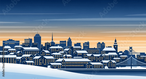 Snowy cityscape at dusk with buildings and skyscrapers.