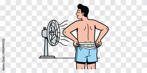 Man cooling off standing fan summer breeze shirtless vector illustration