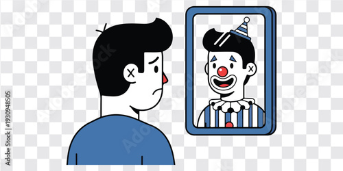 Surprised man looking at clown reflection mirror vector illustration