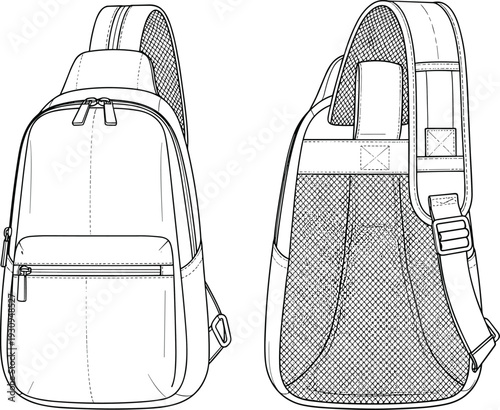 Urban crossbody sling bag backpack technical cad drawing flat vector illustration with zipper pockets mesh back panel and adjustable strap