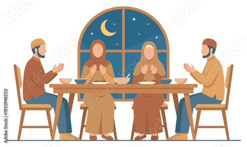 Muslim family praying together before breaking fast during Ramadan, showing devotion and gratitude at their evening meal.