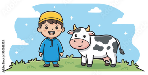 Happy Muslim boy and cow stand together on green grass under a bright blue sky, celebrating a festive occasion.