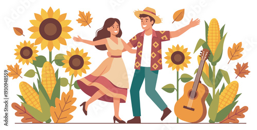 Happy couple dancing cheerfully surrounded by sunflowers, corn, and autumn leaves, celebrating the vibrant harvest season with music.