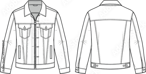 Classic denim trucker jacket technical cad drawing flat vector illustration with pointed collar chest pockets metal buttons and paneled construction