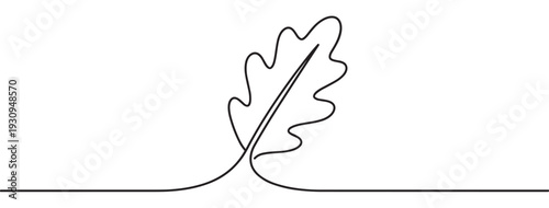Continuous line drawing of an oak leaf emerging from a single unbroken stroke, symbolizing nature's simplicity and organic growth in a minimalist art style.