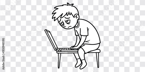 Tired boy sitting at laptop exhausted sad expression vector illustration