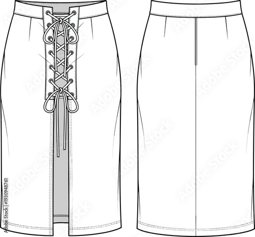 High waisted midi pencil skirt technical cad drawing flat vector illustration with lace up eyelet detail and front slit opening