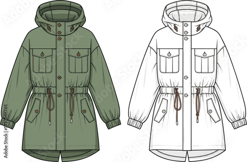Women hooded utility parka jacket technical cad drawing flat vector illustration with drawstring waist, cargo pockets, button closure, and elastic cuffs