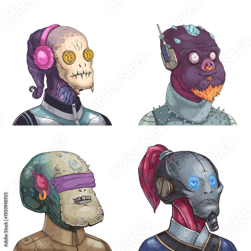 Wild alien avatar pack of purple space mutant, purple spiked punk, spotted reptilian trooper and cybernetic assassin scalable avatar illustration set