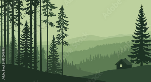 Serene forest landscape with a small cabin in the distance.
