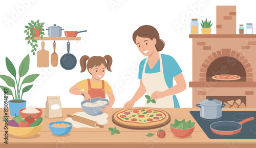 Mother and daughter making pizza together in a cozy kitchen, preparing a delicious meal with fresh ingredients.