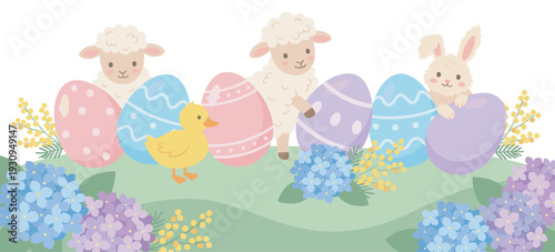 Adorable Easter lambs, duckling, and bunny with decorated eggs are celebrating the arrival of spring with vibrant flowers.