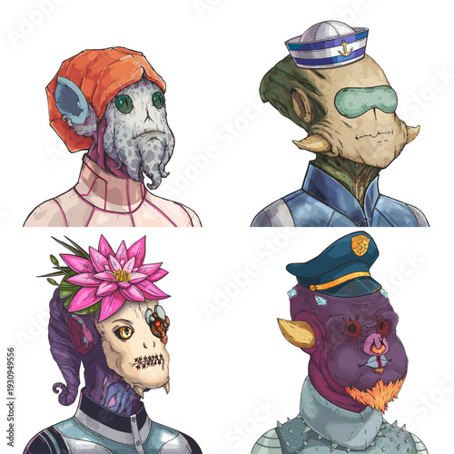 Funny alien avatar pack of spotted squid, green insectoid pilot, purple space mutant and purple spiked punk vector cartoon illustration set