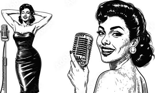 Beautiful female singer with vintage microphone silhouette isolated on white background vector.