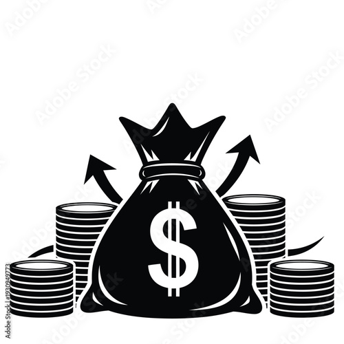 Black money bag with dollar sign and coins on with arrows indicating growth