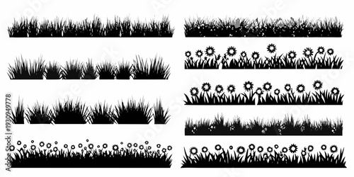 Black and white illustration of various grass and wildflower borders