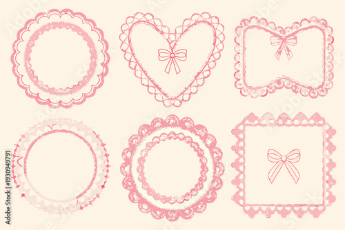 Delicate pink lace frames in circular heart and square shapes