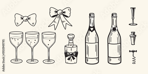 Celebratory sketches of champagne glasses bows and bar accessories