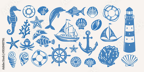 Blue nautical illustrations featuring sea life boats and coastal elements