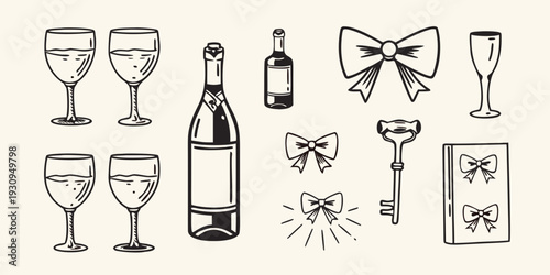 Collection of hand drawn wine glasses bottles bows and celebratory items