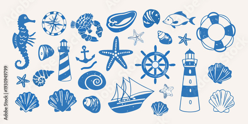 A collection of blue nautical illustrations featuring shells boats and sea life