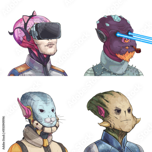Groovy alien avatar pack of big-brained psychic, purple spiked punk, yellow augmented engineer and green insectoid pilot editable digital character set