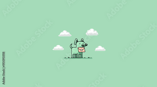 Cute minimalist green dog-like creature delivering mail with an envelope, surrounded by small clouds on a clean green background, illustration vector art.