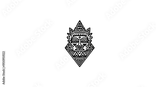 Abstract black and white geometric tribal mask illustration with intricate patterns and spiritual design, isolated on white background