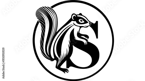 Stylized black and white illustration of a striped squirrel or chipmunk next to a letter S within a circle. Animal logo concept.
