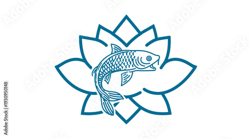 Elegant stylized fish swimming over a lotus flower outline. Blue line art illustration representing harmony, nature, and spirituality.