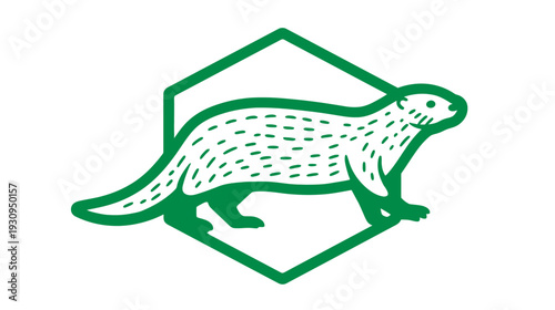 Green stylized ferret or weasel illustration in a geometric hexagon. Cute wild animal graphic isolated on white.