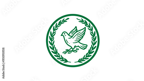 Green dove with olive branch and laurel wreath symbol of peace and hope, minimal vector illustration on white background