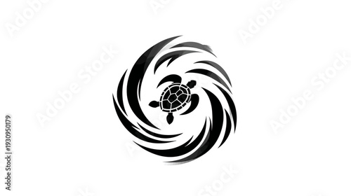 Stylized black sea turtle in a swirling water vortex graphic design element, marine animal icon, tropical ocean wildlife concept