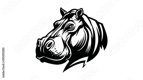 Bold black and white hippopotamus head illustration, powerful hippo mascot emblem design, strong wild animal vector graphic