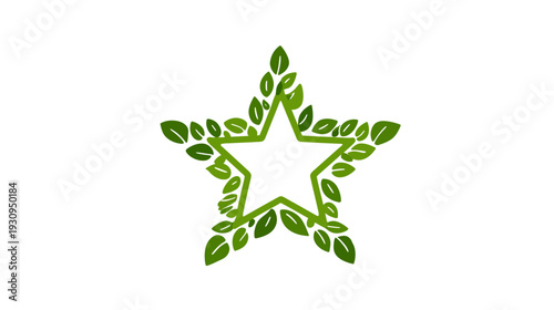 Green star icon formed by fresh leaves, symbolizing eco-friendliness, nature, organic products, and sustainability on white.