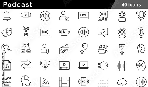 Podcast Thin Line Icons Set Audio Recording Equipment, Microphone, Broadcasting, Sound Waves, Media Production and Digital Content Creation Symbols for Creators