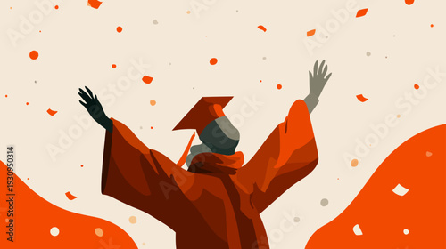 Joyful graduate celebrating academic success with arms raised high as orange confetti falls. Education, achievement, and future concept.