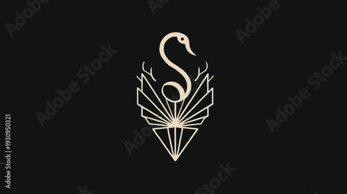 Elegant stylized swan or bird logo icon with art deco elements, vintage luxury geometric emblem, decorative symmetrical design illustration