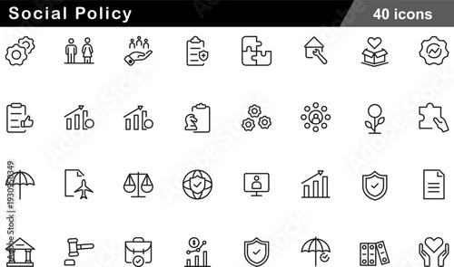 Social Policy Thin Line Icons Set Justice System, Community Welfare, Public Protection, Legislative Rights and Humanitarian Support Symbols for Governance