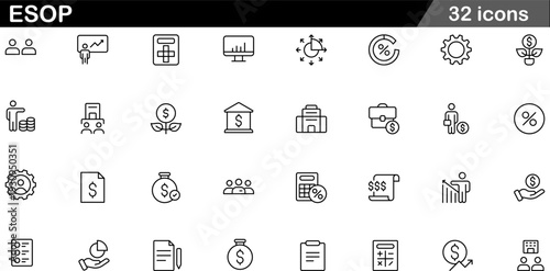 ESOP Thin Line Icons Set Employee Stock Ownership Plan, Corporate Equity, Financial Benefits, Wealth Building and Shared Ownership Symbols for Business Strategy