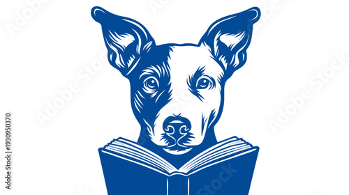 Intelligent dog reading an open book vector illustration. Clever canine pet for education, learning, or library concepts.