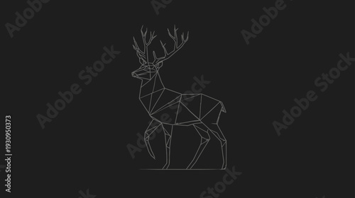 Modern Geometric Stag Illustration. Abstract Low Poly Wireframe Deer Design on Dark Background. Minimalist Animal Art.