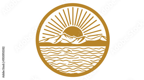 Golden circular emblem with sun rising over mountains and water waves. Stylized nature landscape vector icon design.