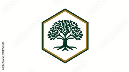 Modern stylized green tree logo icon in a hexagonal frame, symbolizing nature, growth, environment, and organic concepts.