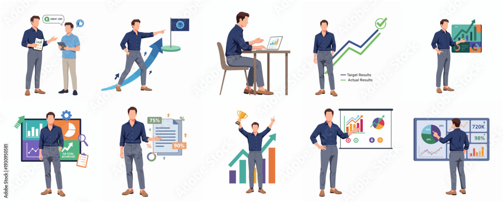 Fototapeta premium Business Man Cartoon Character with Financial Analysis Data and Presentation Concept