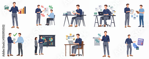 Flat Design Business People Meeting and Working Activity Illustration Set